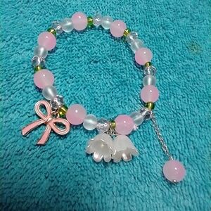 Pink white green beads bow flowers floral stretch bracelet